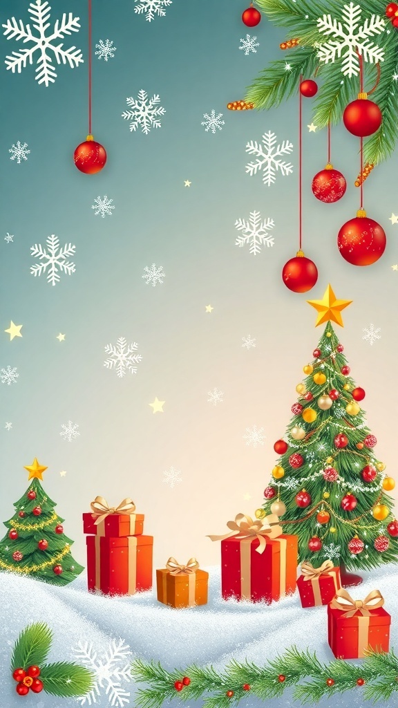 A festive Christmas background banner with snowflakes, trees, ornaments, and presents in red and green.